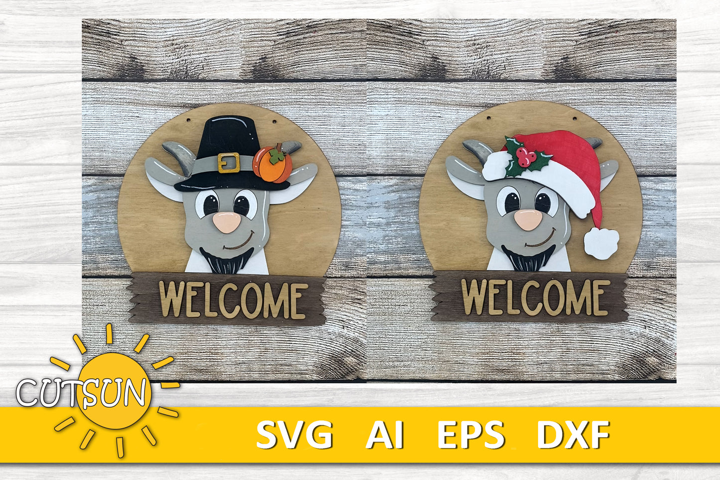 Goat Door Hanger SVG | Round Interchangeable Welcome Sign Base File | Farmhouse Goat SVG Laser Cut File