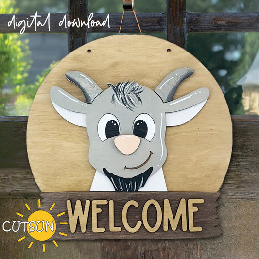 Goat Door Hanger SVG for laser cutters — a farmhouse-style round interchangeable welcome sign base file perfect for creating custom goat-themed front door decor.