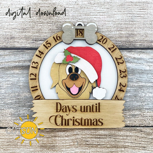 Christmas countdown ornament - digital download featuring a Golden retriever with Santra's hat.