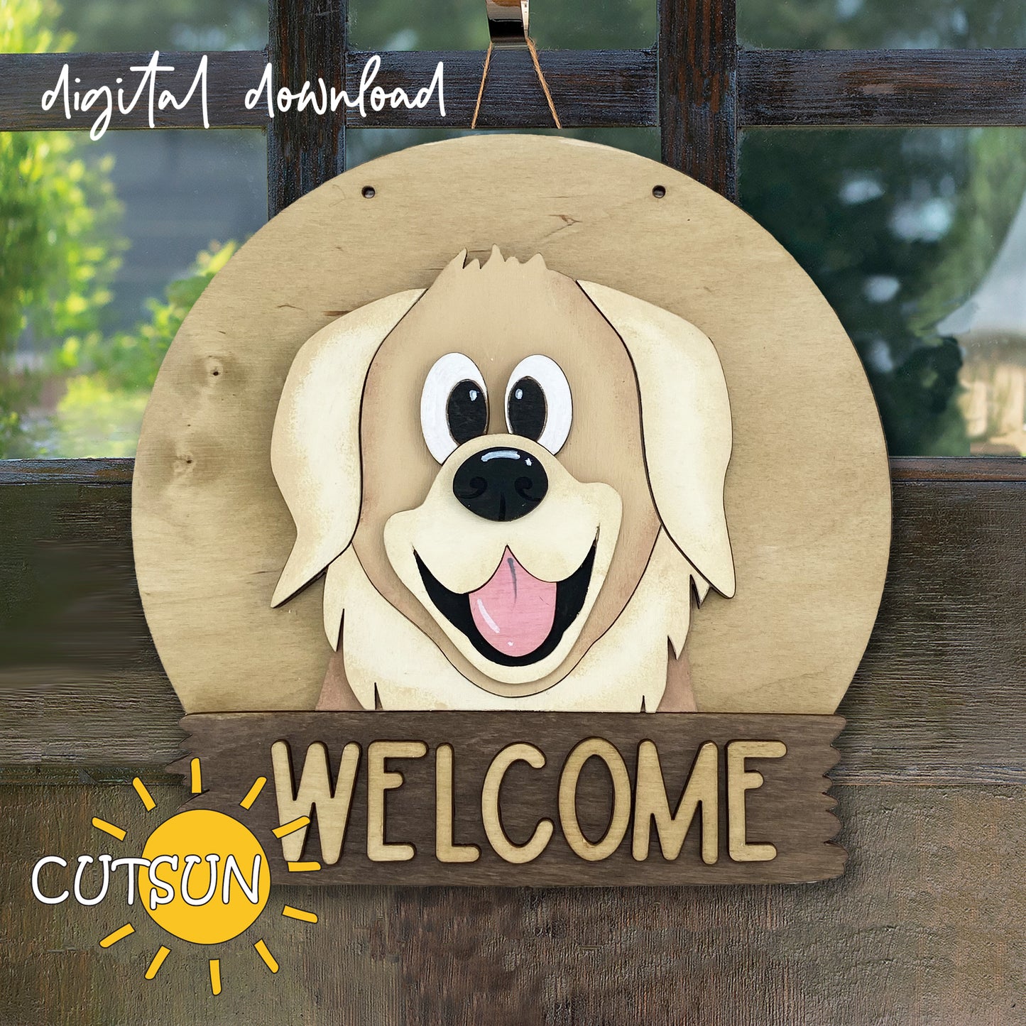 A digital image showing a round door hanger with a wooden background and a cartoon illustration of a Golden Retriever dog wearing sunglasses, with the text 'Welcome' below it. The image has a caption that reads 'Digital Download'.