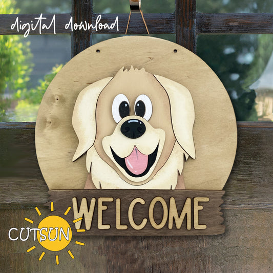 A digital image showing a round door hanger with a wooden background and a cartoon illustration of a Golden Retriever dog wearing sunglasses, with the text 'Welcome' below it. The image has a caption that reads 'Digital Download'.