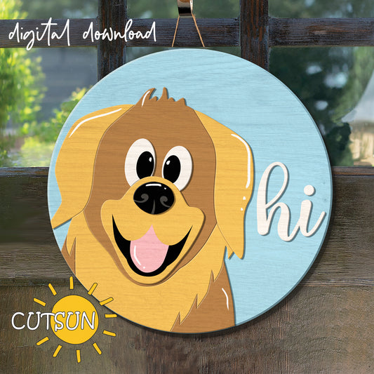 A digital download image of a circular door hanger featuring a smiling golden retriever with the text 'HI' on a blue background. The image has a 'Digital Download' label and is branded with 'Cutsun'.