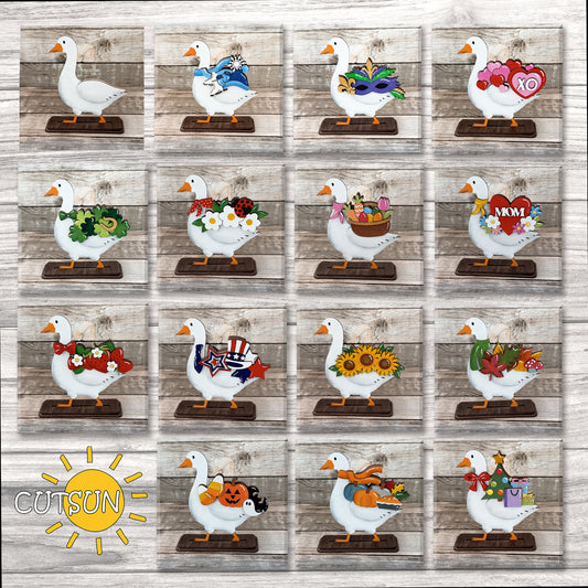 Decorative figurines of geese with various festive decorations on a wooden background, featuring the Cutsun logo.