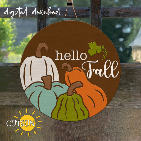 A digital download of a fall-themed door hanger featuring the text 'Hello Fall' and illustrations of colorful gourds on a brown background.