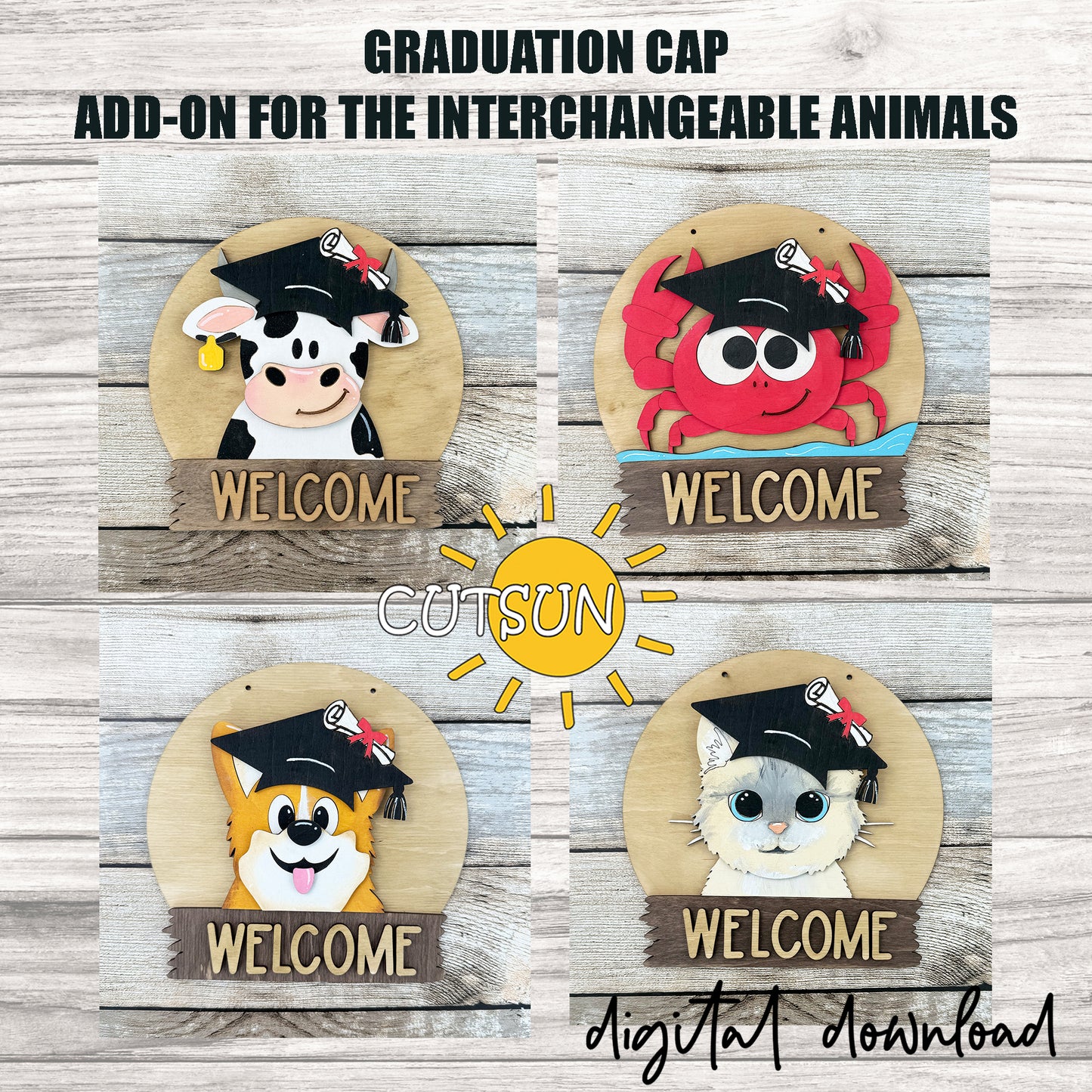 Graduation Cap Add-on for the Round interchangeable animals door hanger svg Laser cut file