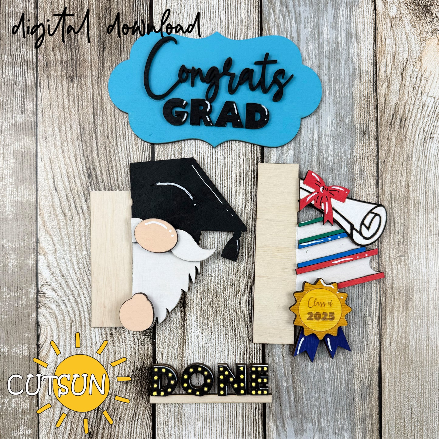 Graduation Porch Sign SVG File – Interchangeable Vertical Leaner Add-On with Gnome, Books, Diploma & Congrats Grad Text – Laser Cut Digital Download