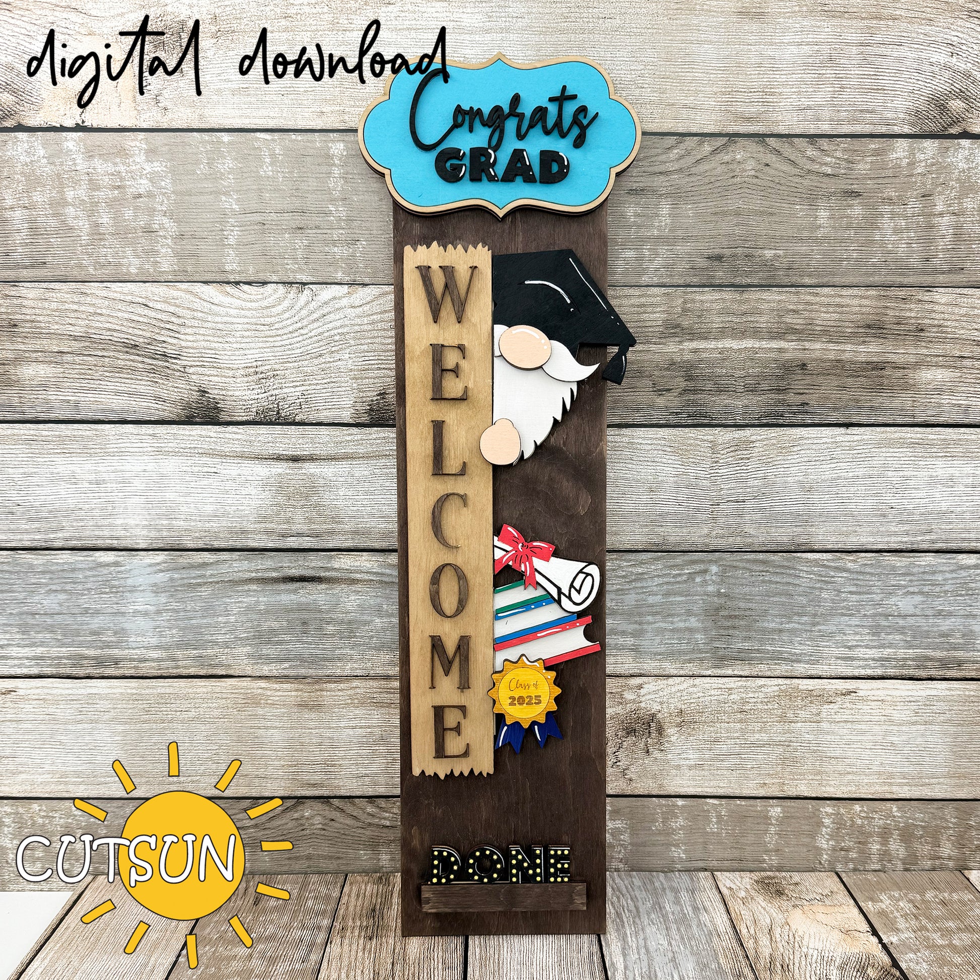 Graduation porch sign SVG featuring gnome, diploma, books, and “Congrats Grad” plaque – laser cut file for vertical interchangeable leaner.