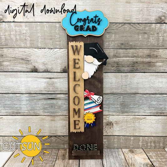 Graduation porch sign SVG featuring gnome, diploma, books, and “Congrats Grad” plaque – laser cut file for vertical interchangeable leaner.