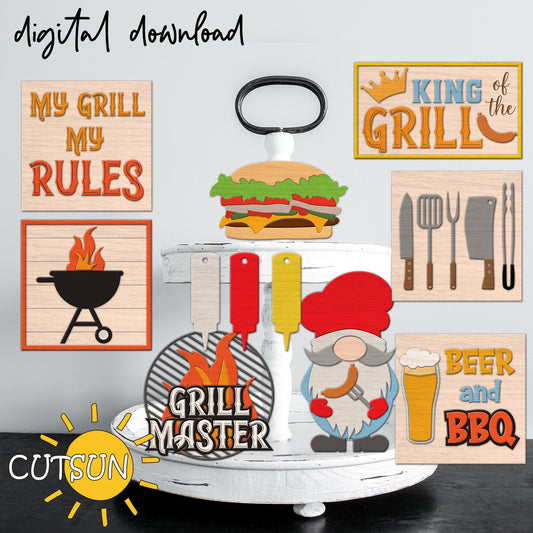 Collection of BBQ-themed digital designs including 'My Grill My Rules', 'King of the Grill', 'Grill Master', and more, with a 'CUTSUN' logo.