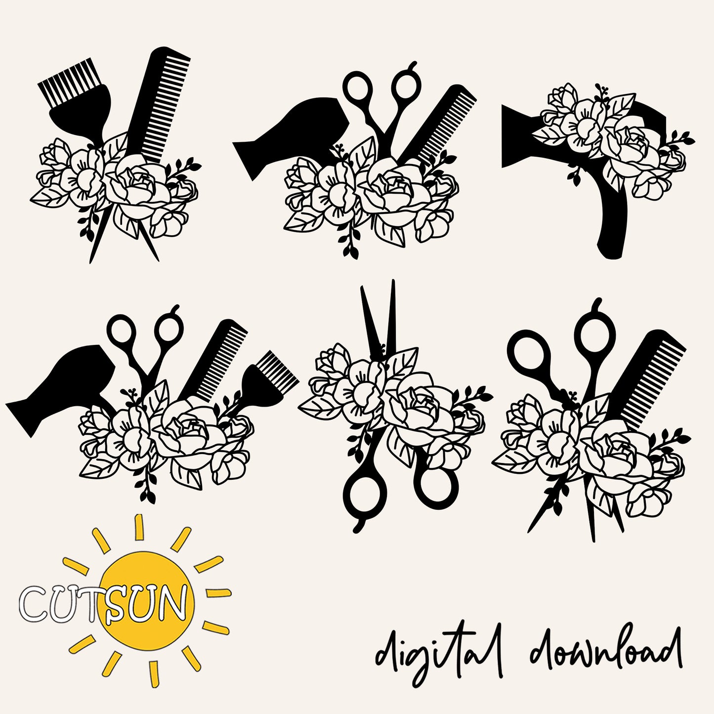 Set of black hair styling tools with floral designs and 'CUTSUN' logo on a white background.