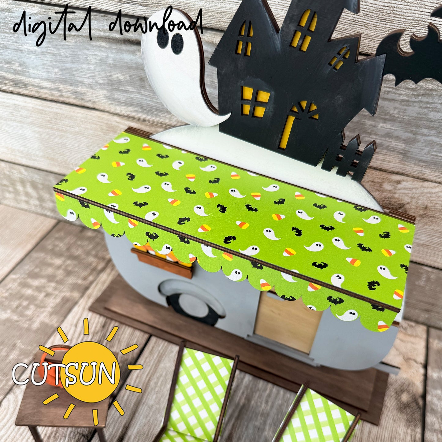 Halloween Add-On SVG for Interchangeable Camper Shelf Sitter – Haunted House, Ghost and Pumpkin Laser Cut File