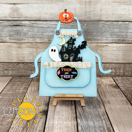 Halloween apron shelf sitter SVG add-on with haunted house, ghost, pumpkin topper and Trick or Treat plaque – laser cut fall decoration.