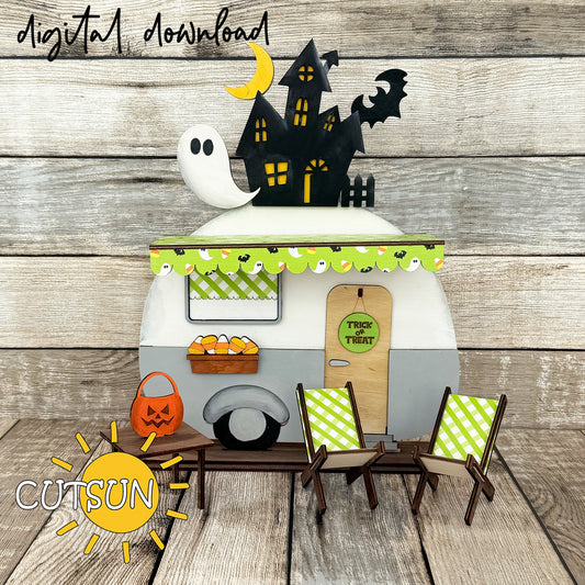 Halloween Add-On SVG for Interchangeable Camper Shelf Sitter with haunted house roof décor, ghost, pumpkins and Trick-or-Treat sign – digital laser cut file