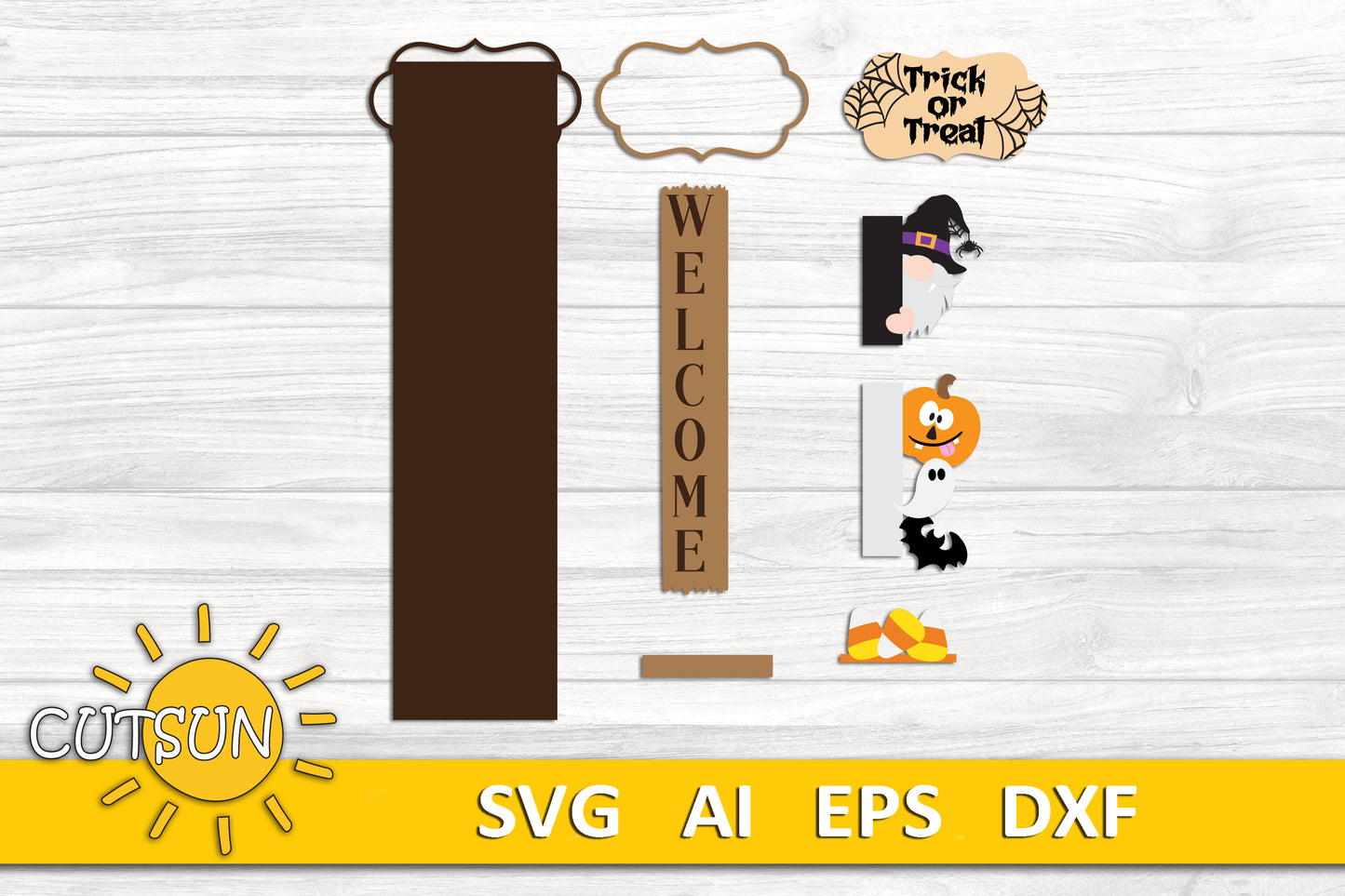 Halloween Porch Sign SVG – Vampire Gnome Add-On with Trick or Treat Plaque and Free Interchangeable Vertical Leaner for Laser Cutters