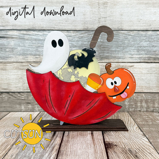 Halloween umbrella shelf sitter SVG with ghost, pumpkin, candy corn, and bat – digital laser cut file