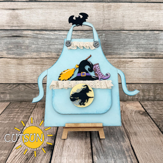 Witch-themed Halloween add-on for apron shelf sitter with broom, hat, boot, and flying witch badge – digital laser cut SVG file.
