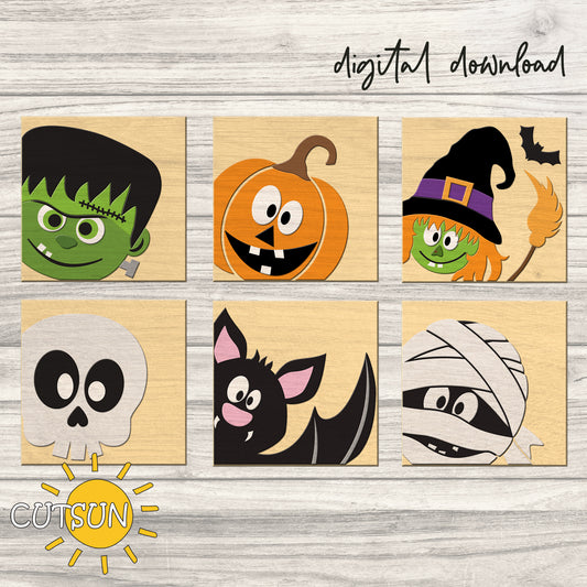 A set of six square Halloween-themed decorations, including a Frankenstein, mummy, pumpkin, witch, bat, and skull, arranged in a grid layout on a wooden background with 'Digital Download' text at the top.