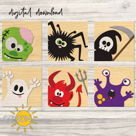 A set of six square Halloween-themed leaning signs with various cartoon characters including a zombie, spider, grim reaper, ghost, devil, and a monster.