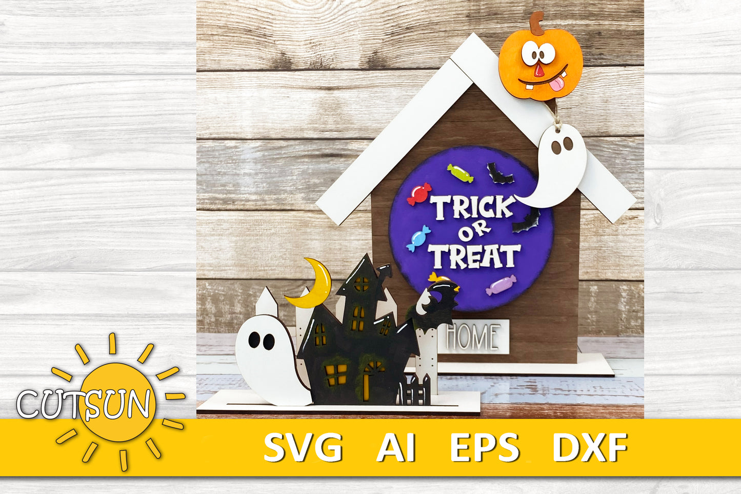 Halloween Add-On SVG for Interchangeable Shelf Decor | House and Fence Set Trick or Treat Laser Cut File | Halloween SVG