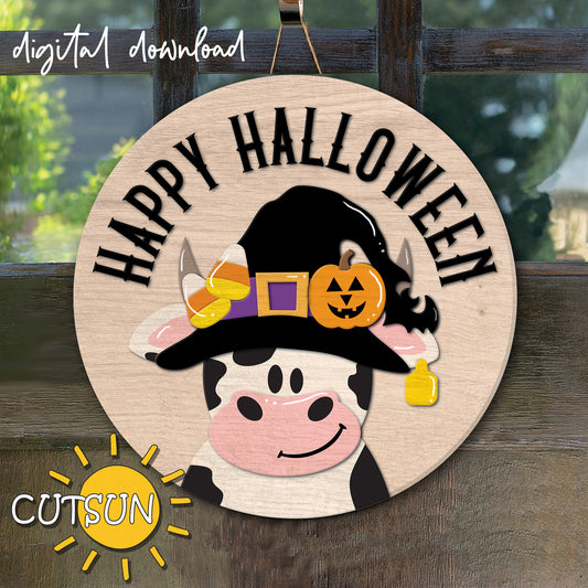 Halloween Cow Door Hanger SVG | Dairy Cow Front Door Sign SVG | Spooky Farmhouse Welcome Sign | Laser Cut File