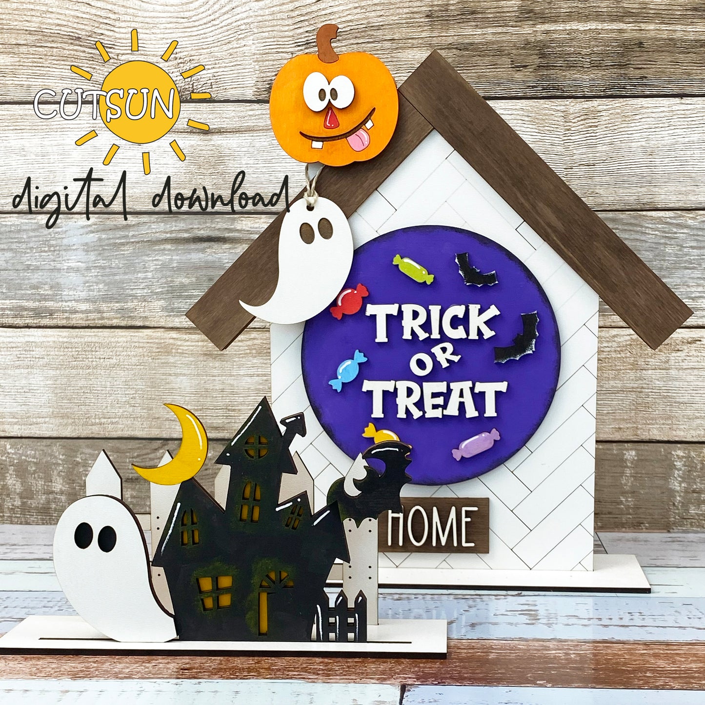 A digital download of a Halloween-themed decoration item featuring a 'Trick or Treat' sign, a Jack O'Lantern, two bats, a ghost, a crescent moon, and a bat, designed for use with laser cutters.