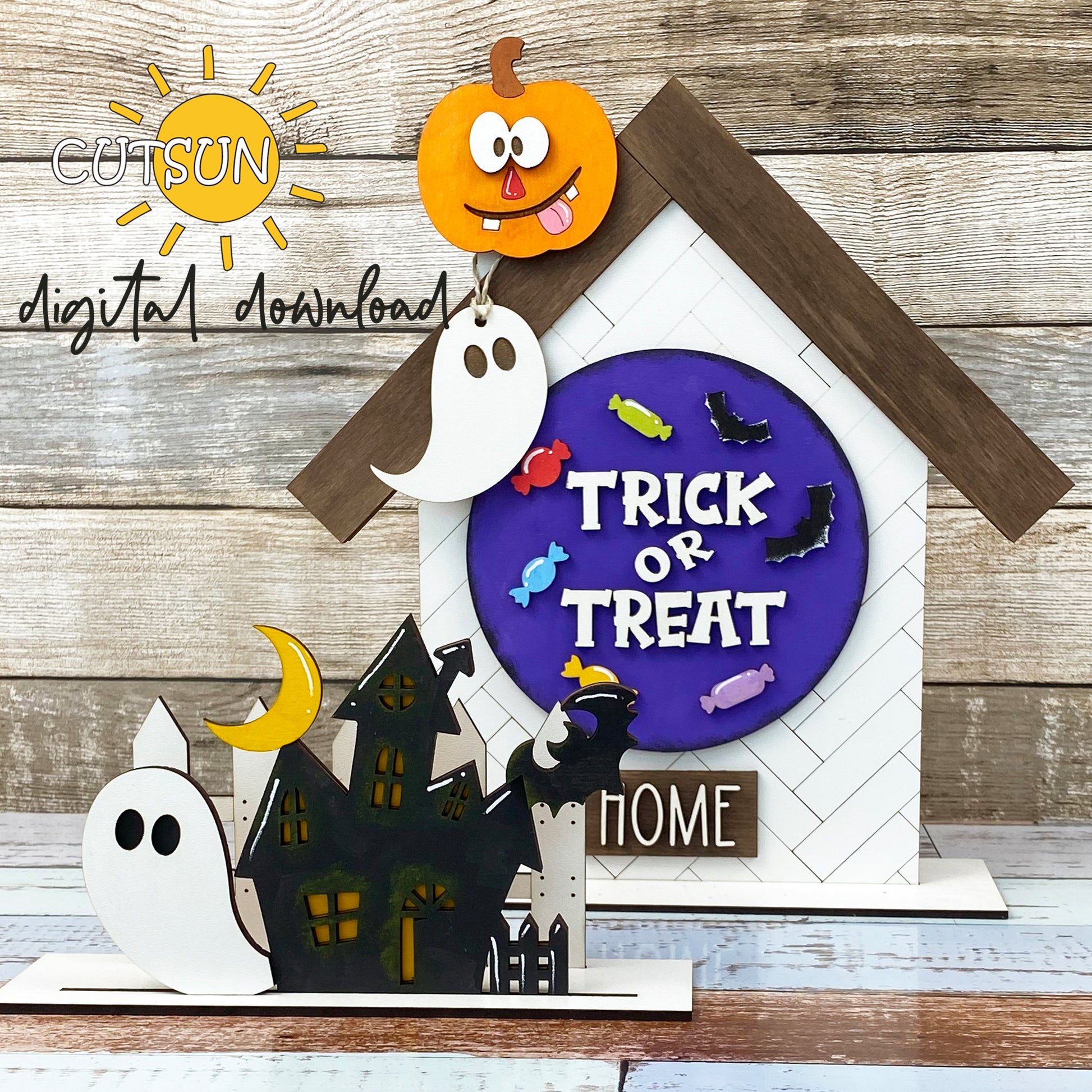A digital download of a Halloween-themed decoration item featuring a 'Trick or Treat' sign, a Jack O'Lantern, two bats, a ghost, a crescent moon, and a bat, designed for use with laser cutters.
