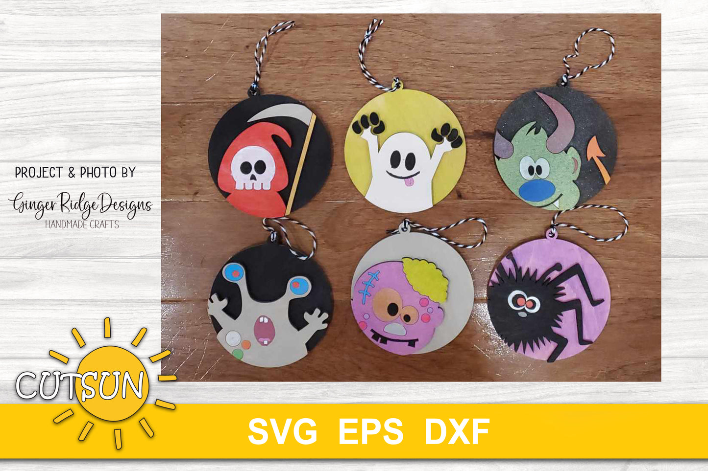 Halloween ornaments SVG bundle featuring a cute zombie, spider, grim reaper, ghost, monster and devil