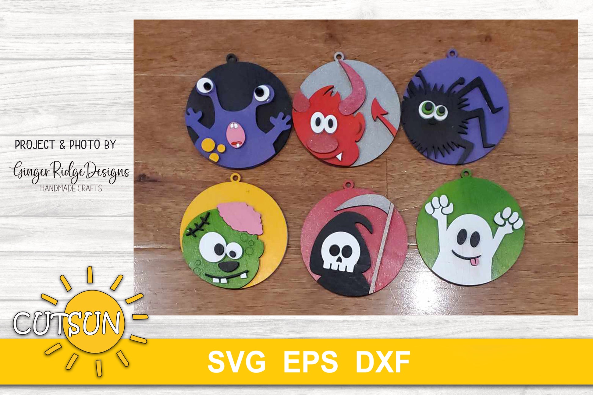 Halloween ornaments SVG bundle featuring a cute zombie, spider, grim reaper, ghost, monster and devil