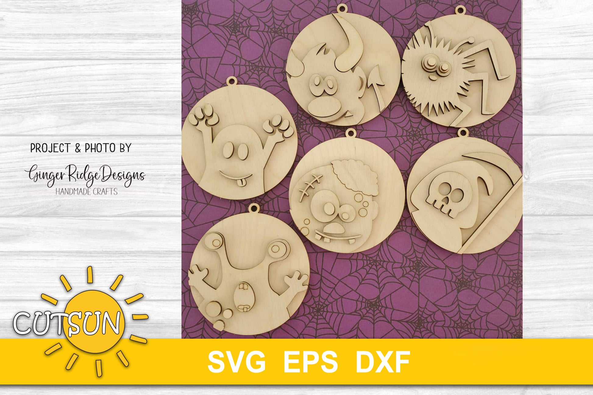 Halloween ornaments SVG bundle featuring a cute zombie, spider, grim reaper, ghost, monster and devil