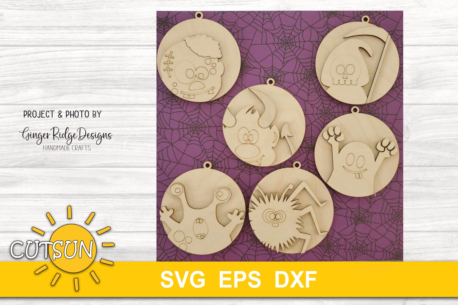 Halloween ornaments SVG bundle featuring a cute zombie, spider, grim reaper, ghost, monster and devil