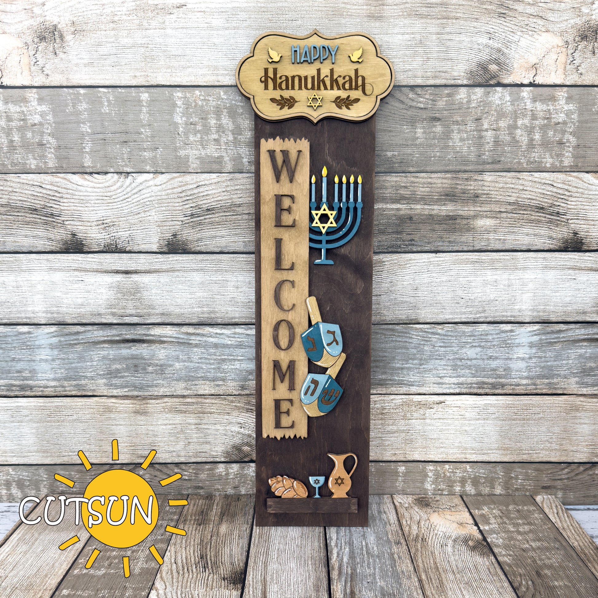 Hanukkah porch sign SVG with menorah, Star of David, doves, challah bread, and Happy Hanukkah plaque – laser cut file with interchangeable leaner base.