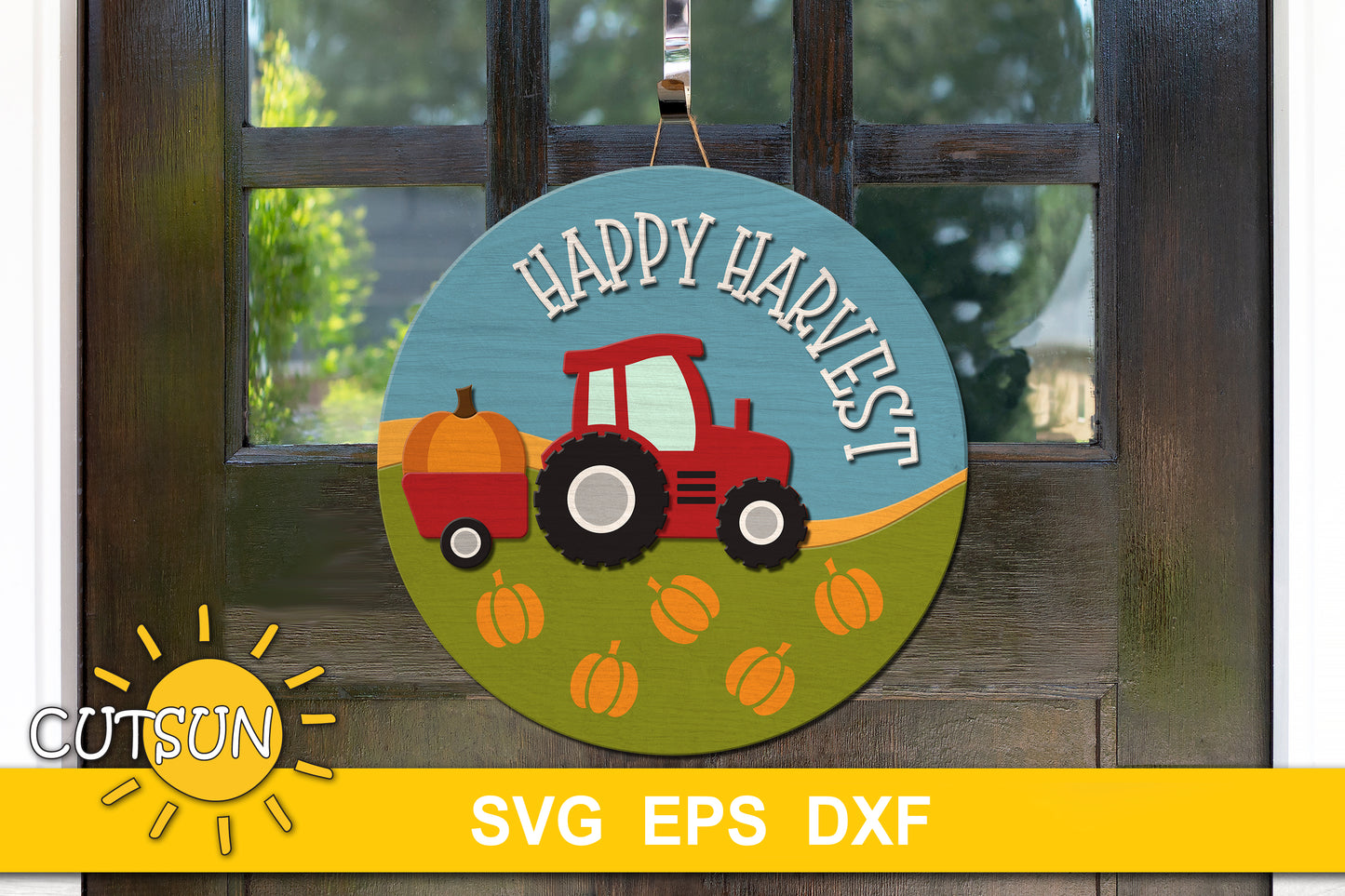 Happy Harvest Door Hanger SVG | Tractor Welcome Sign | Laser Cut File for Fall Farmhouse Decor