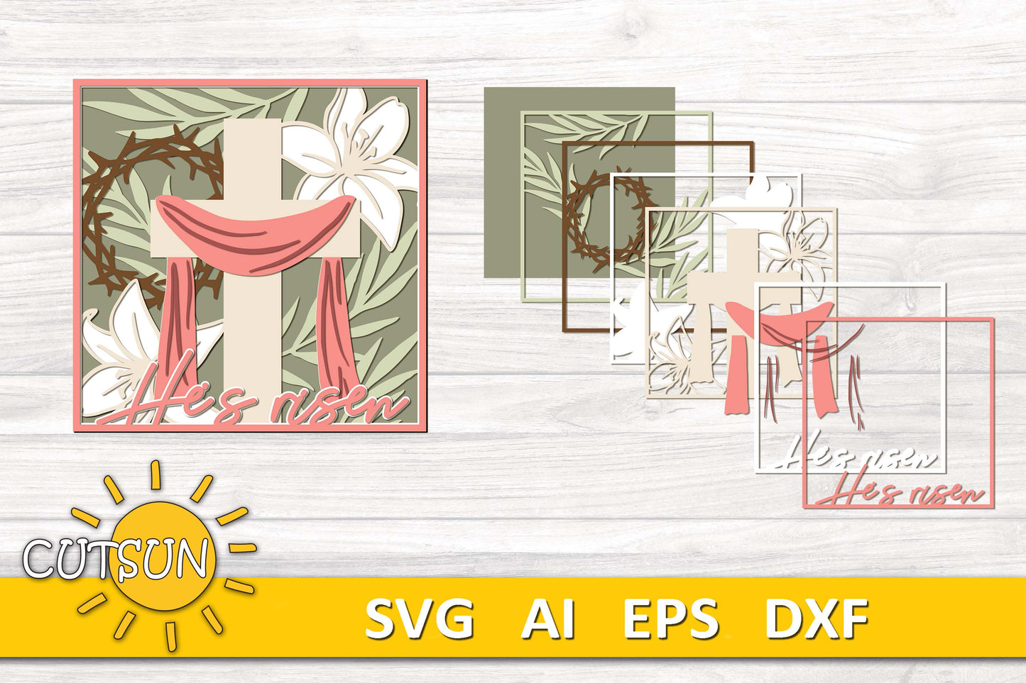 He Is Risen Shadow Box SVG | Easter Christian Wall Art SVG | Religious Resurrection Cross SVG | Easter svg