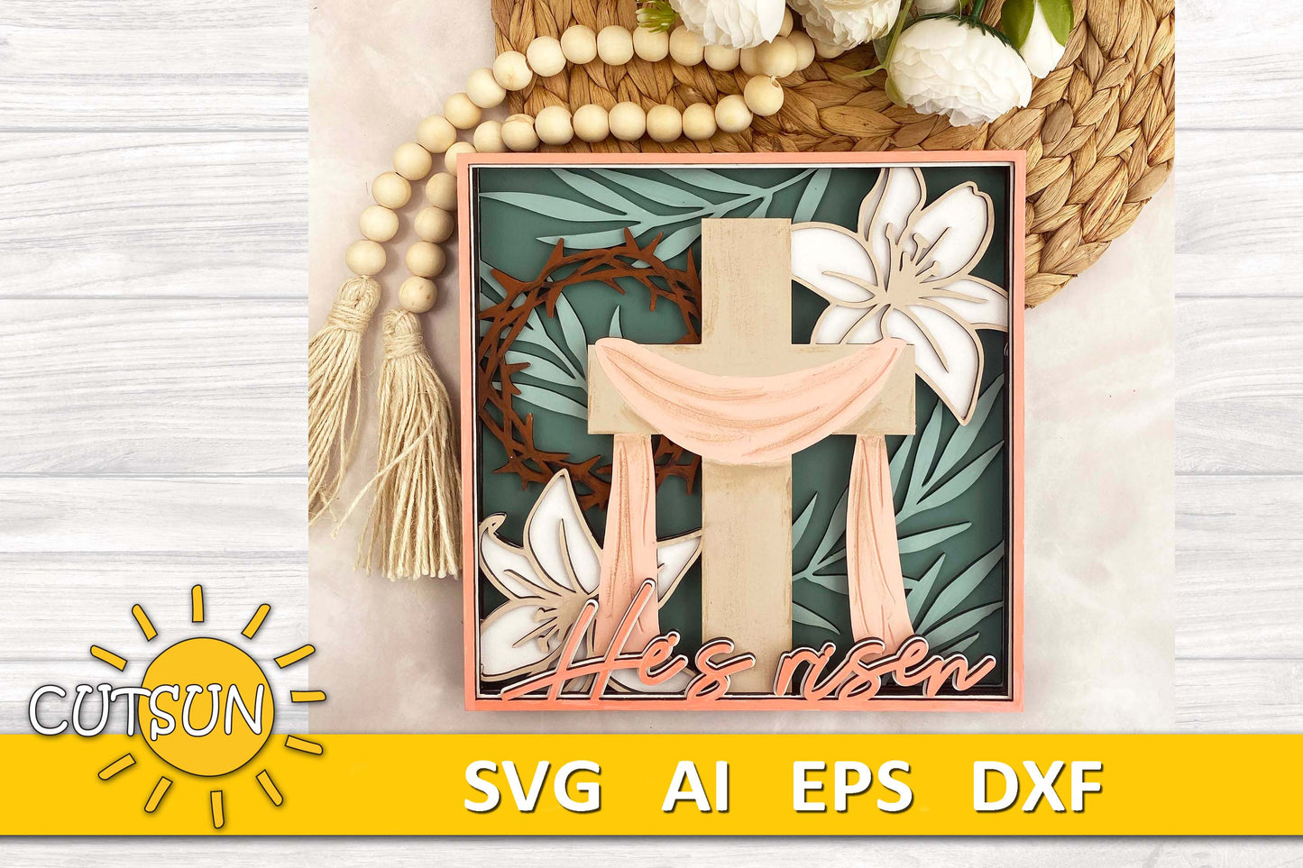 He Is Risen Shadow Box SVG | Easter Christian Wall Art SVG | Religious Resurrection Cross SVG | Easter svg