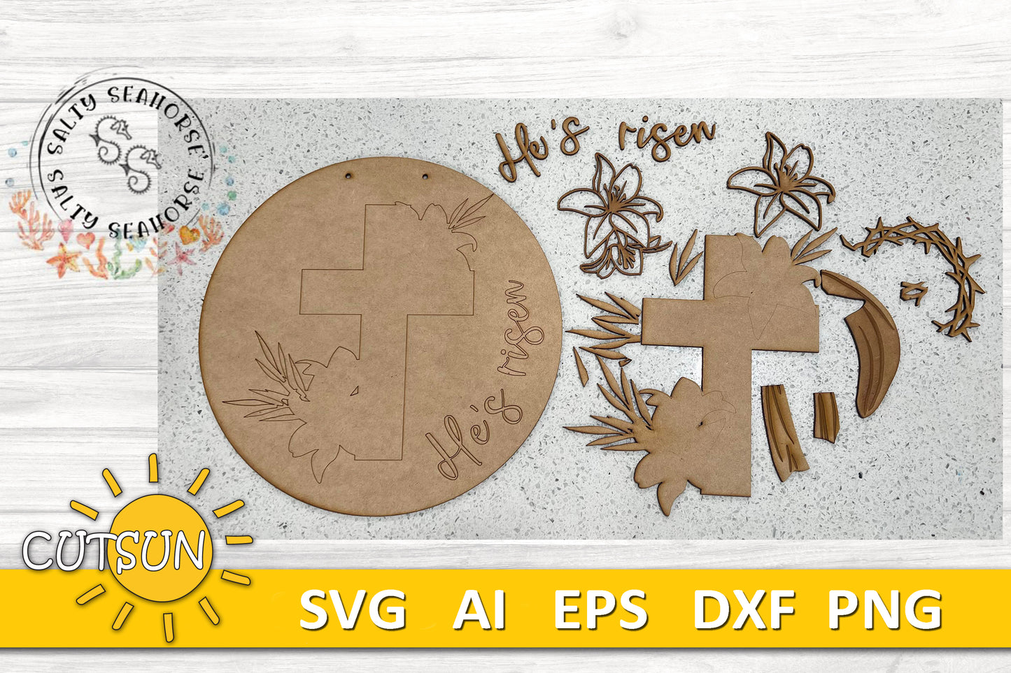 Easter door hanger SVG He's Risen front door decor SVG Christian Easter svg Glowforge SVG Laser cut file