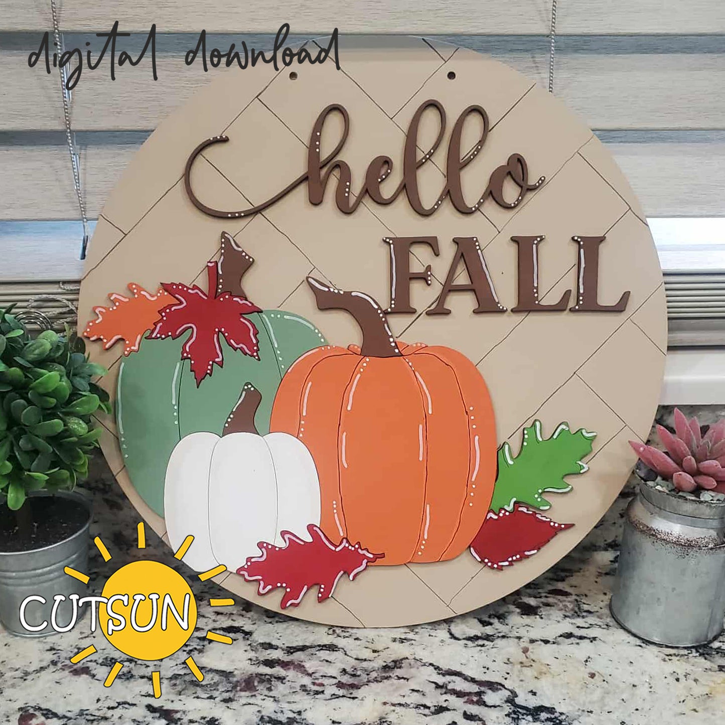 Hello Fall Door Hanger SVG – Layered Pumpkins & Leaves | Autumn Laser Cut File
