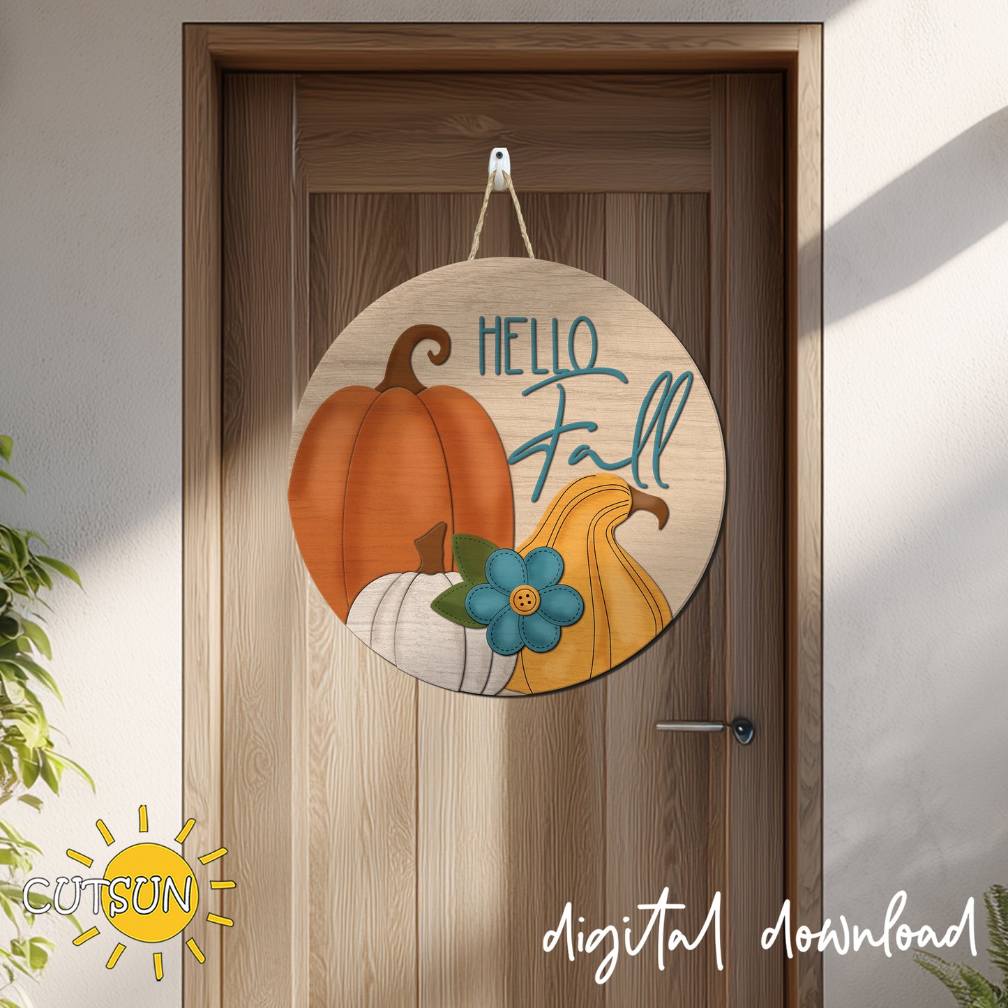 Hello Fall Round Sign SVG | Layered Fall Door Hanger | Pumpkin Welcome Sign | Farmhouse Autumn Door Decor