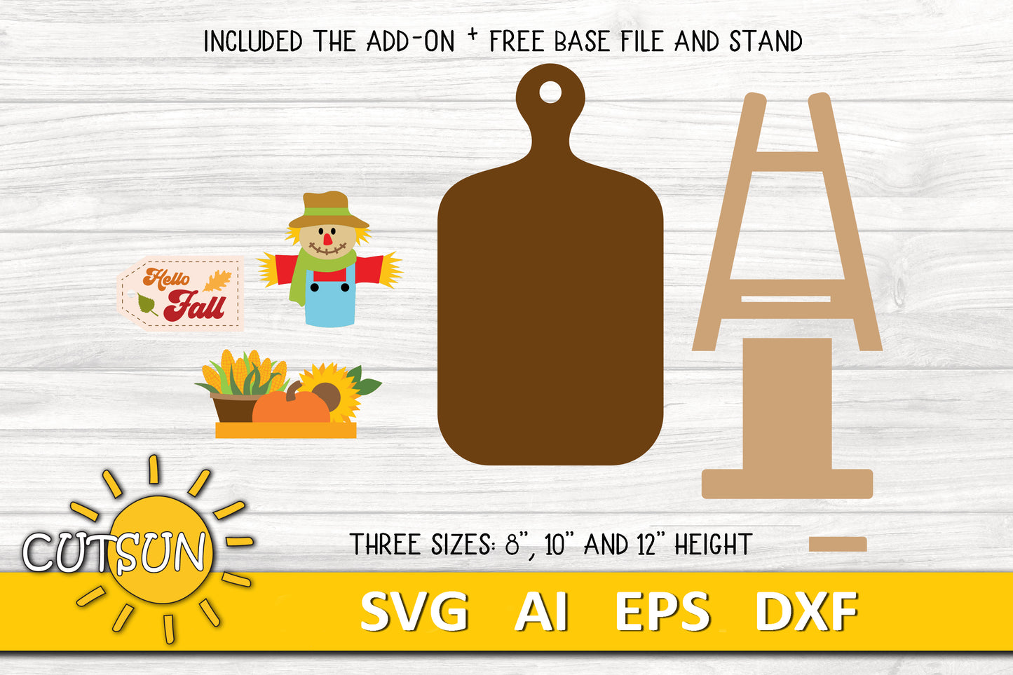 Hello Fall Scarecrow Interchangeable Cutting Board Decor SVG | Fall Shelf Decor Laser Cut File