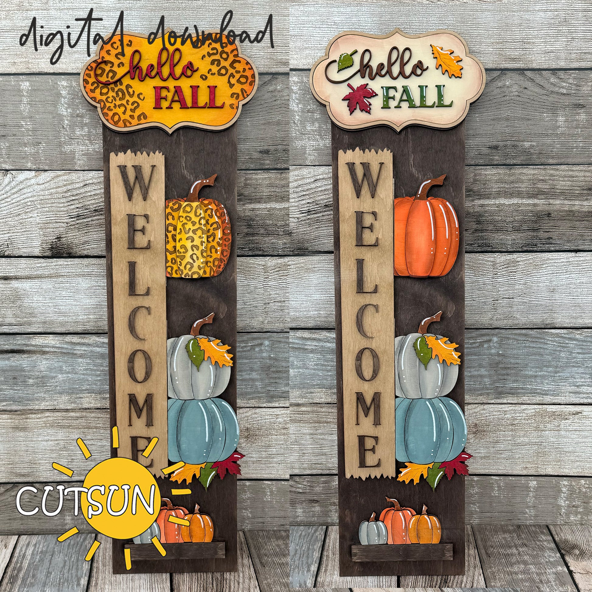 Hello Fall porch sign SVG add-on for vertical interchangeable leaner; autumn welcome sign with pumpkins and fall leaves, laser cut file.