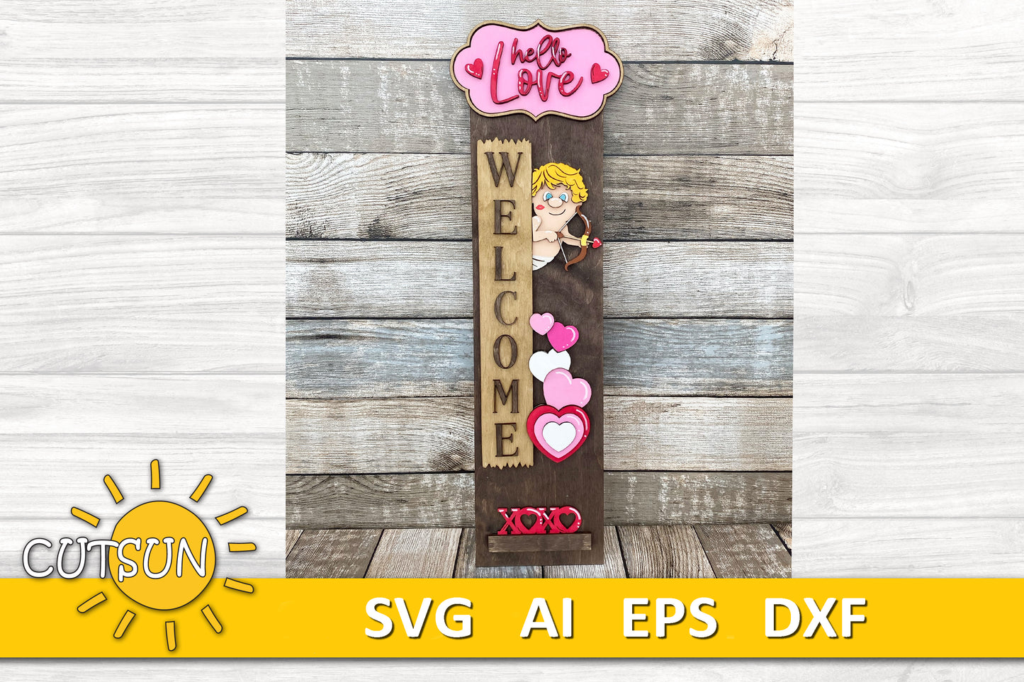 Valentine Porch Sign SVG | Interchangeable Vertical Welcome Leaner | Cupid Valentine’s Day Decor Laser Cut File