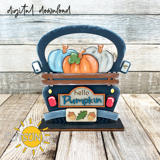 A digital download of a decorative truck with 'Hello Pumpkin' text and three pumpkin illustrations.