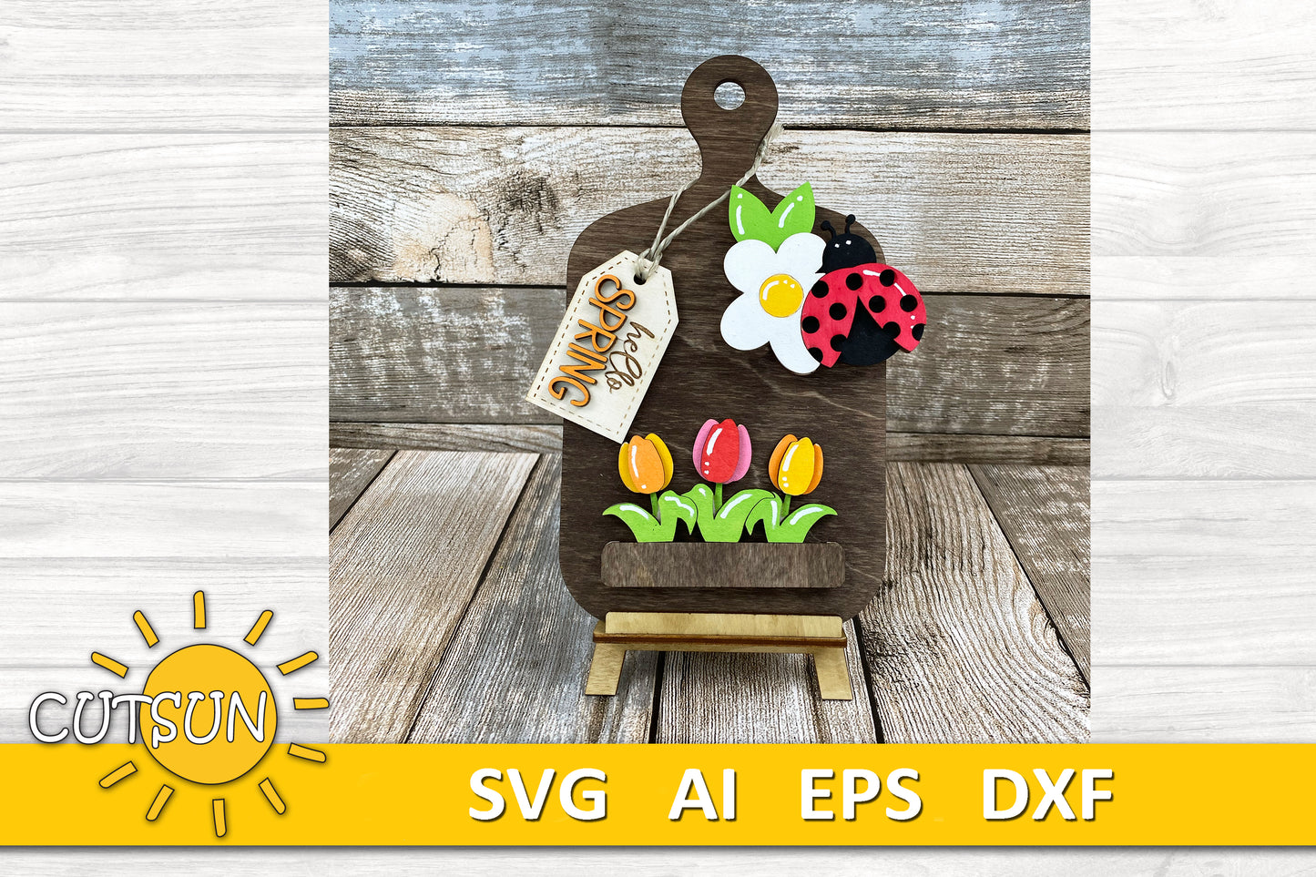 Hello Spring Interchangeable Cutting Board Decor SVG | Ladybug and Tulip Shelf Sitter SVG | Spring Kitchen Decor Laser Cut File