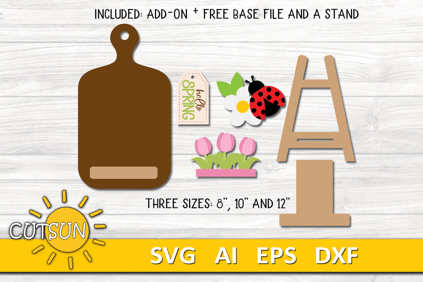 Hello Spring Interchangeable Cutting Board Decor SVG | Ladybug and Tulip Shelf Sitter SVG | Spring Kitchen Decor Laser Cut File