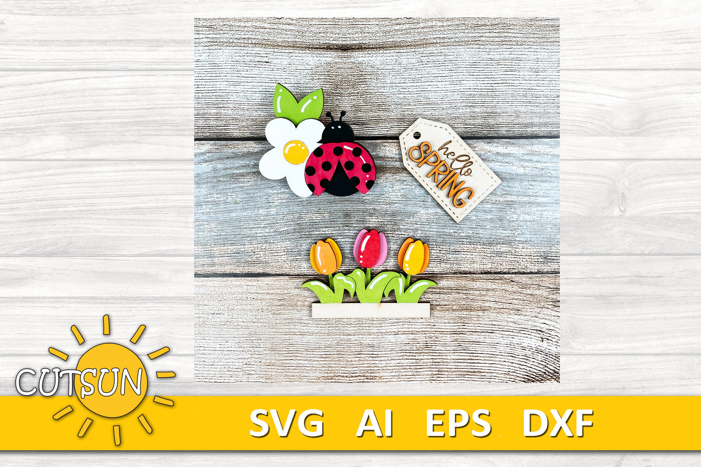 Hello Spring Interchangeable Cutting Board Decor SVG | Ladybug and Tulip Shelf Sitter SVG | Spring Kitchen Decor Laser Cut File