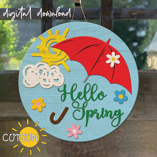 Hello Spring Door Hanger SVG | Umbrella Spring Welcome Sign SVG | Spring Door Sign Laser Cut File | Glowforge SVG | Cricut SVG