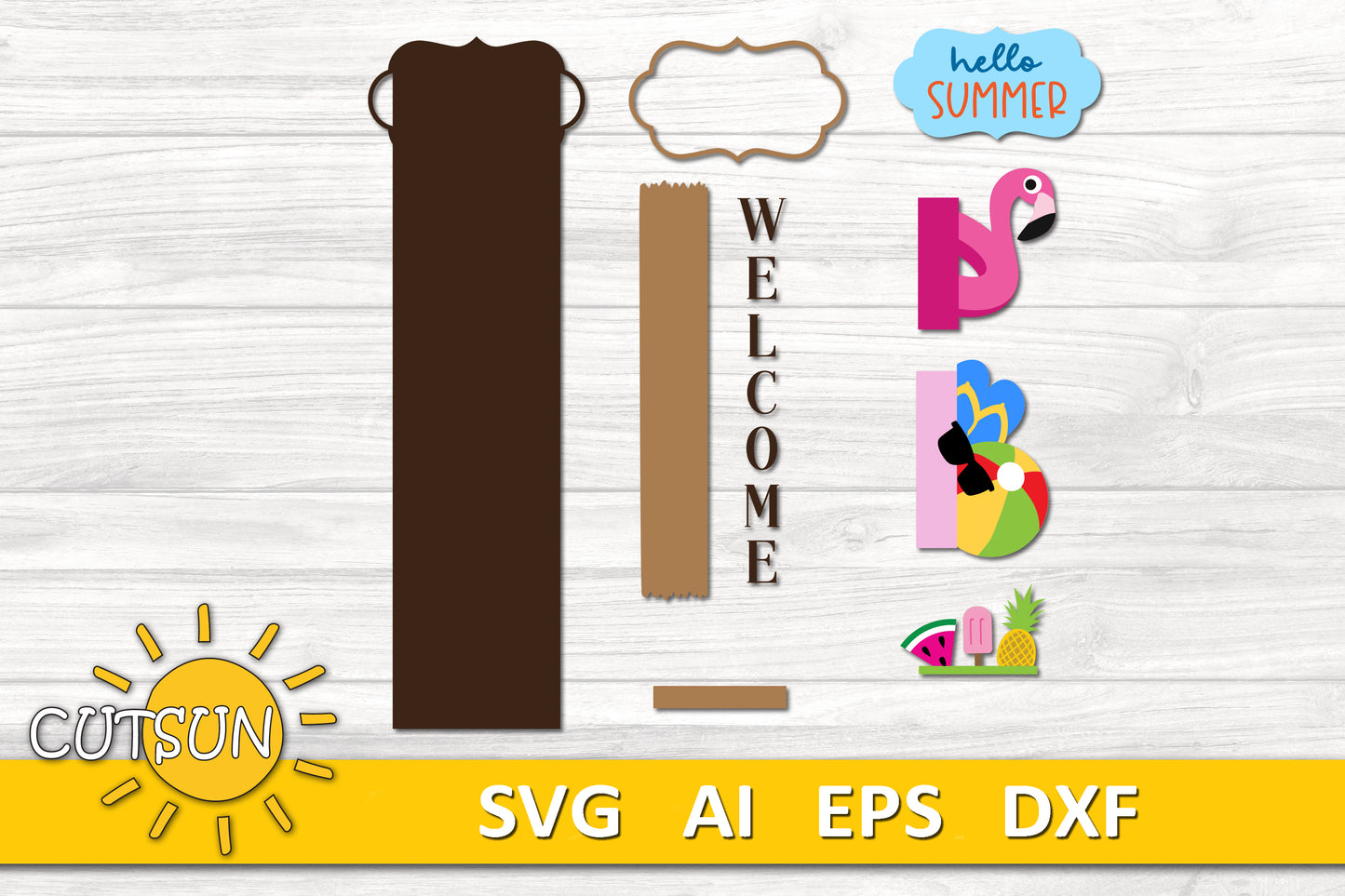 Hello Summer porch sign add-on with a free Interchangeable Porch leaner SVG Beach vertical porch sign SVG Pool decor Laser cut file