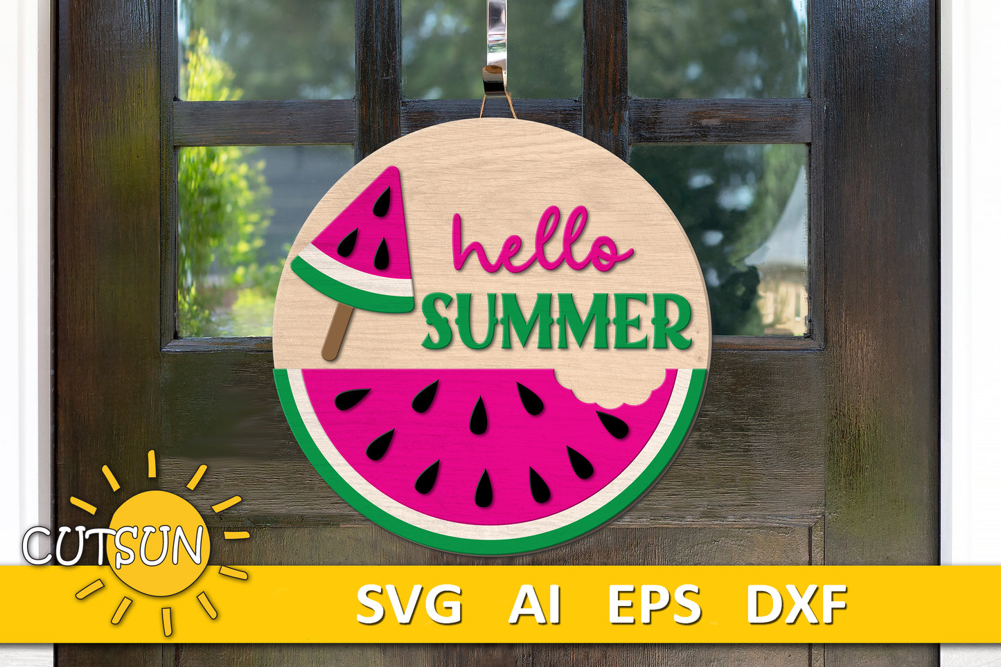 Watermelon Door Hanger SVG | Hello Summer Welcome Sign with Popsicle | Laser Cut File for Seasonal Decor | Cricut SVG