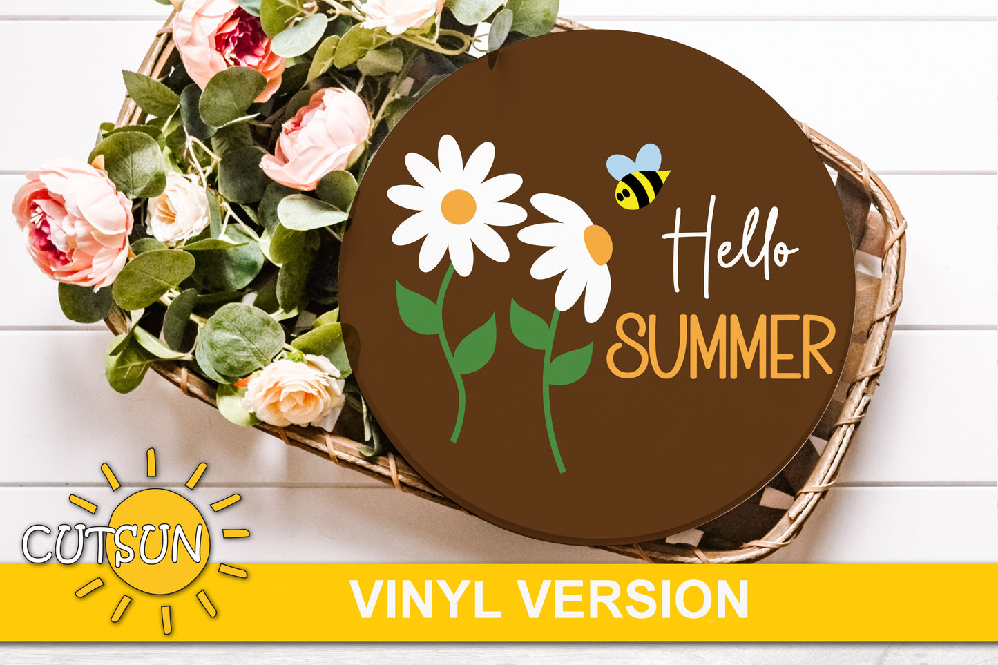 Hello summer door hanger svg Daisies and bee SVG Summer welcome sign Glowforge svg laser cut file