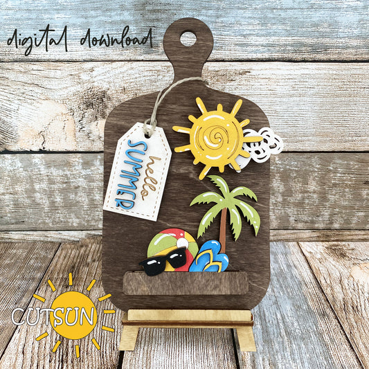 Hello Summer Interchangeable Cutting Board Decor SVG | Beach and Sun Shelf Sitter | Summer Kitchen Sign | Laser Cut File