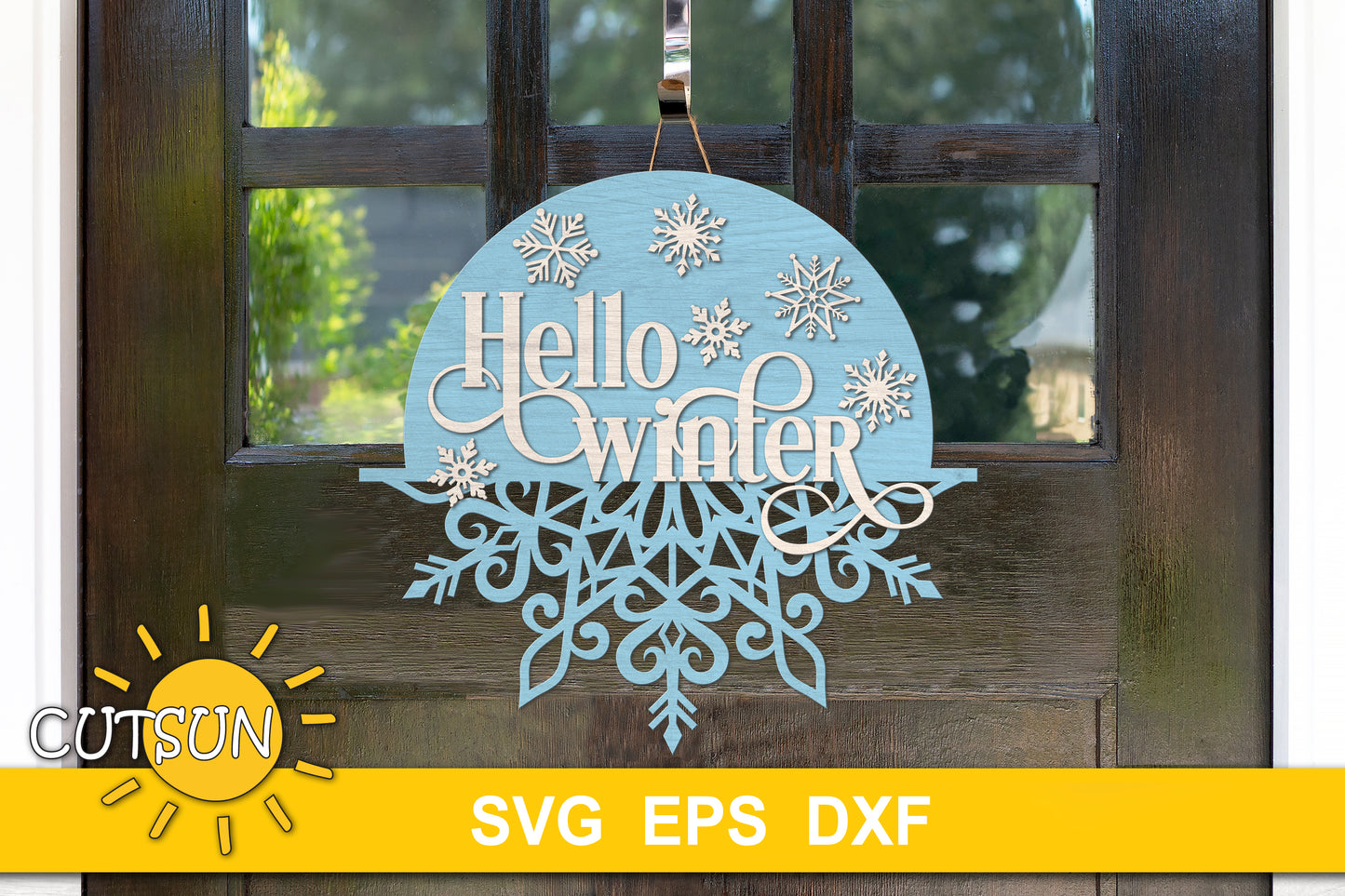 Winter Door Hanger SVG | Hello Winter Snowflake Welcome Sign | Christmas Door Sign Laser Cut File